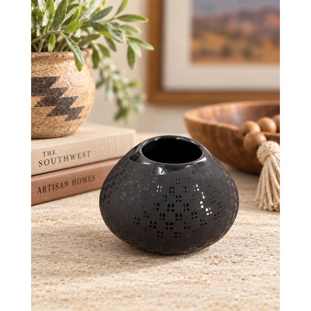 Southwestern Artisan Blackware Olla Pottery Desert Modern Pueblo Geometric Decor